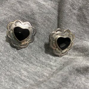 Black stone and silver heart earrings. Vintage.